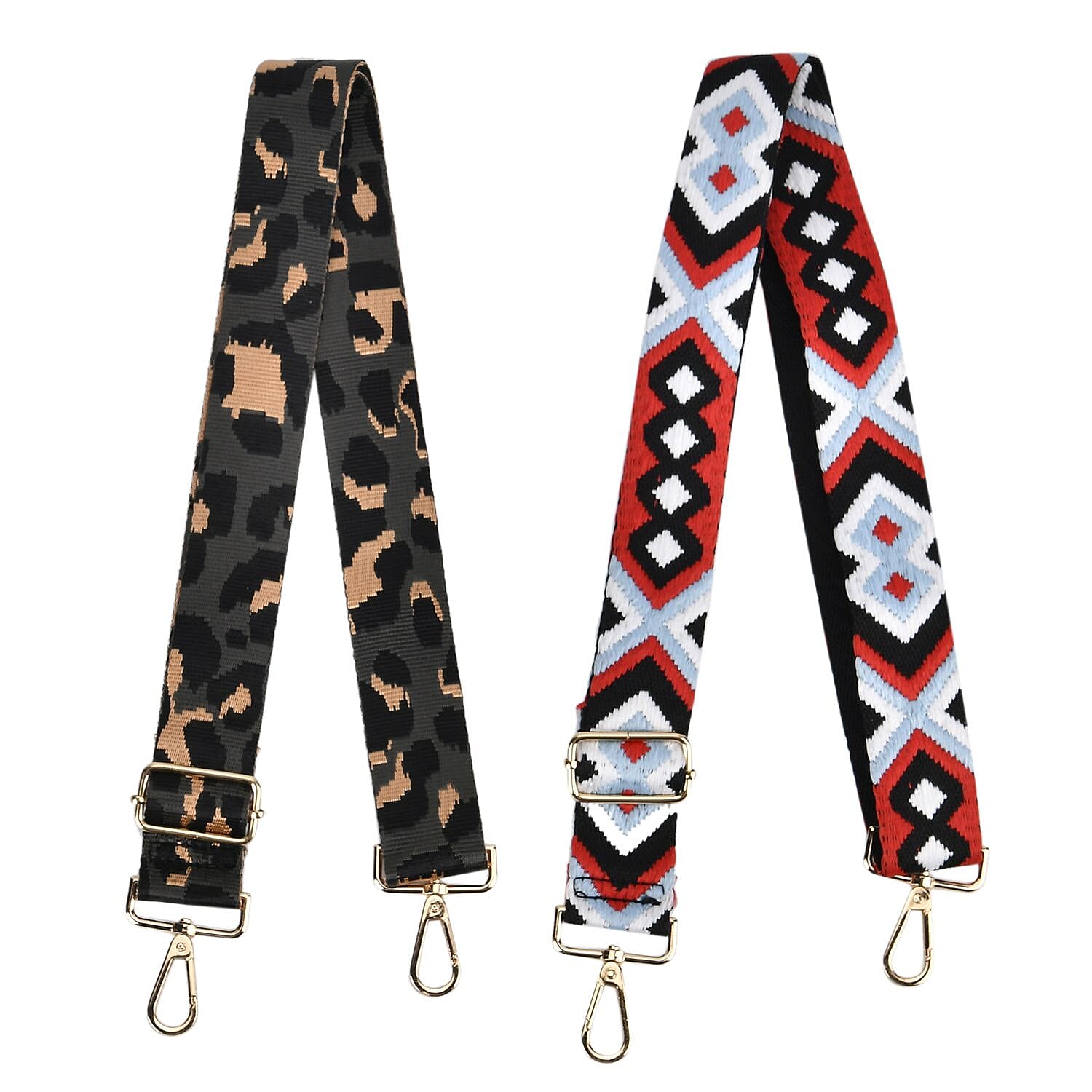 Set of 2 Leopard Pattern Long Crossbody Straps (Adjustable) with 360 Degree Rotation Metal Buckle - Black & Red