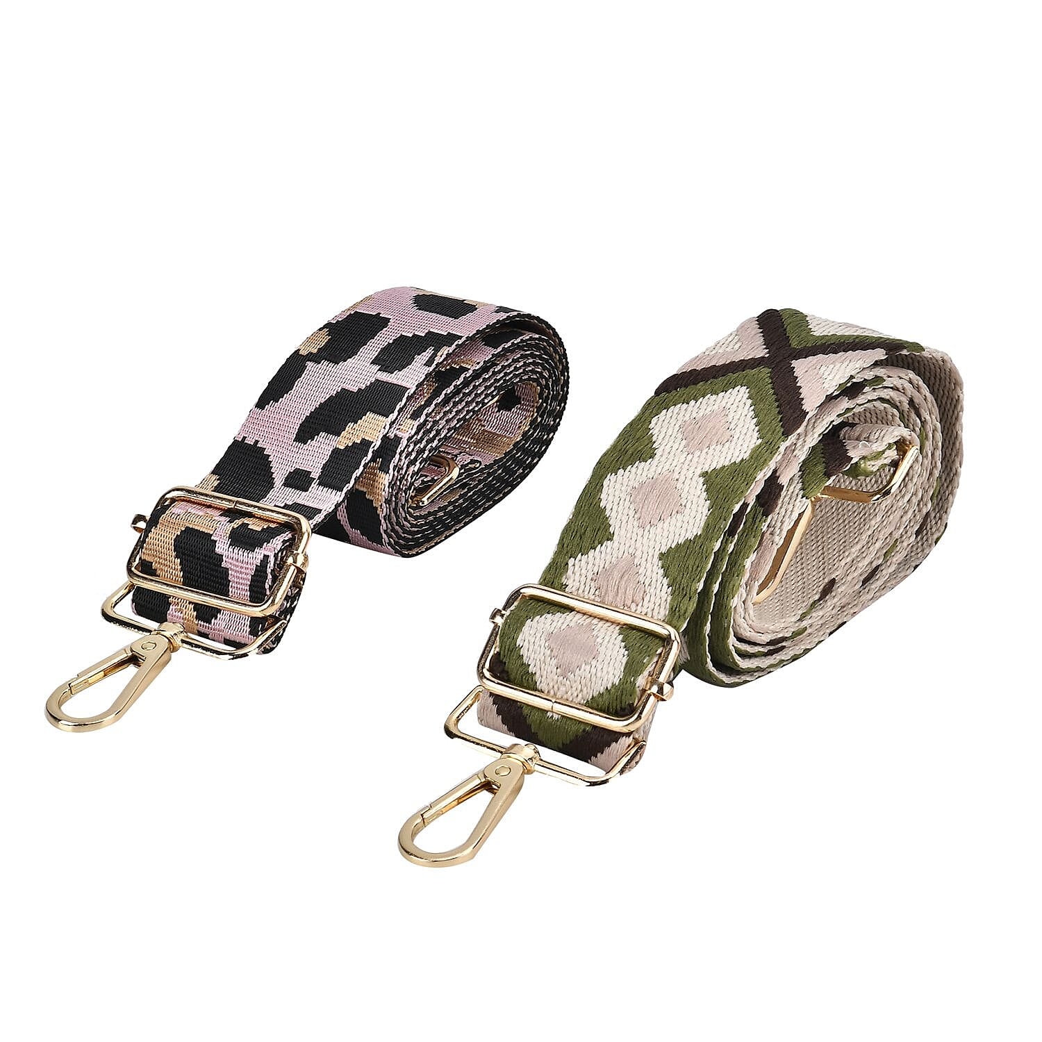 Set of 2 Leopard Pattern Long Crossbody Straps (Adjustable) with 360 Degree Rotation Metal Buckle - Pink & Green