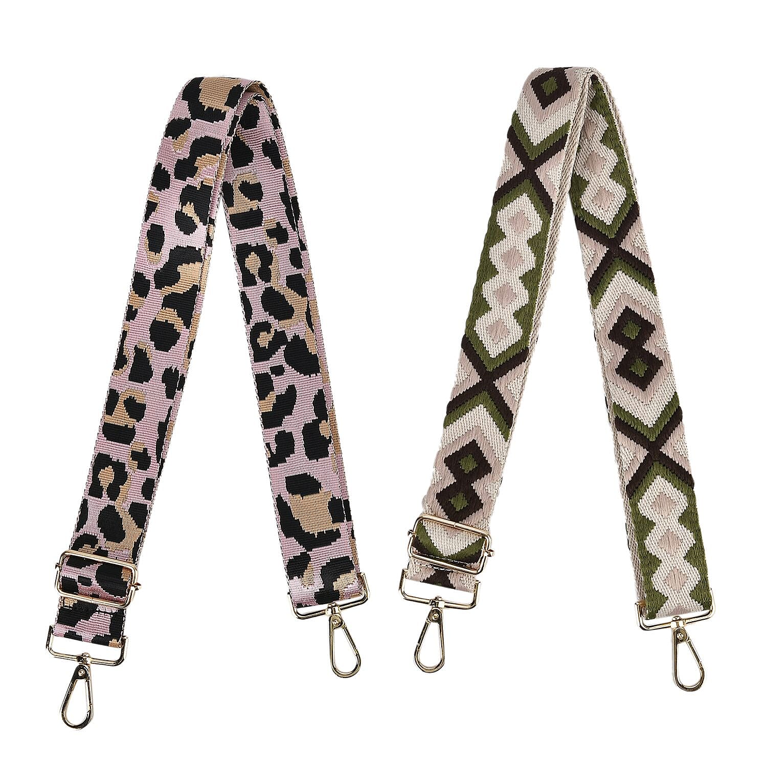 Set of 2 Leopard Pattern Long Crossbody Straps (Adjustable) with 360 Degree Rotation Metal Buckle - Pink & Green