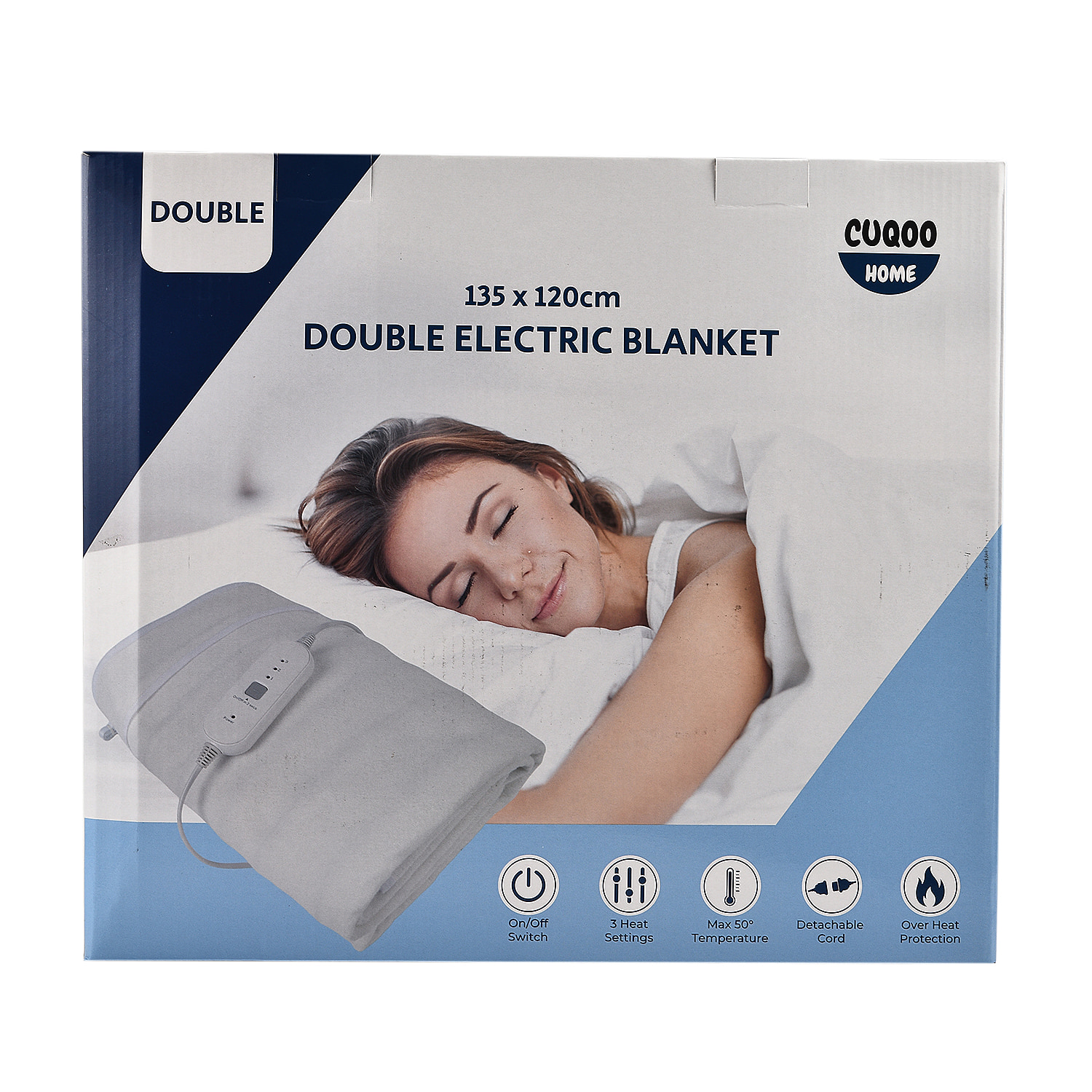 CUQOO Premium Heated Blanket with 3 Heat Setting & LED Indicator Light (Double Size 135x120 cm) - White