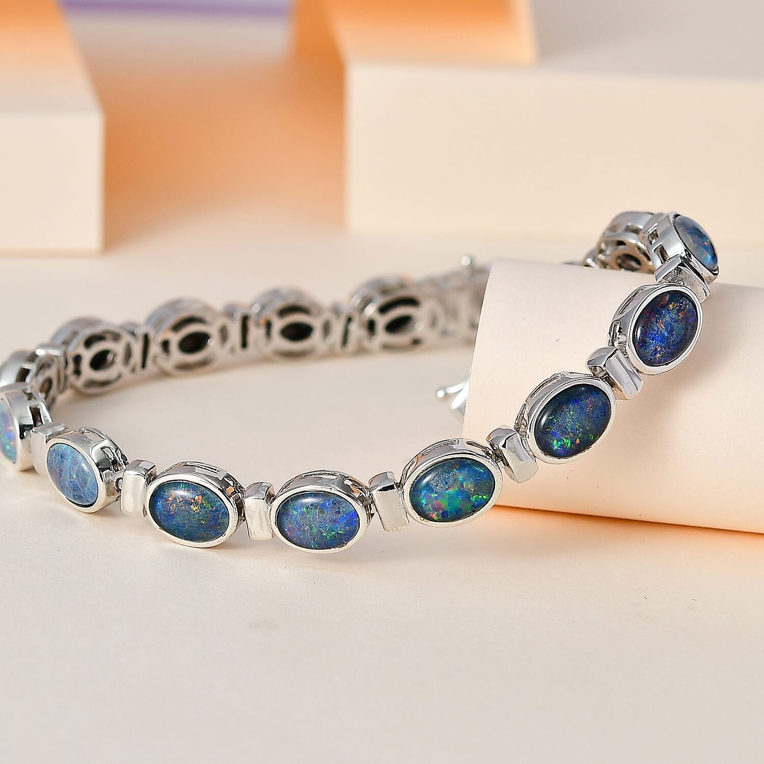 Australian Boulder Opal Bracelet (Size - 7.5) in Platinum Overlay Sterling Silver 14.40 ct,  Silver Wt. 15.36 Gms