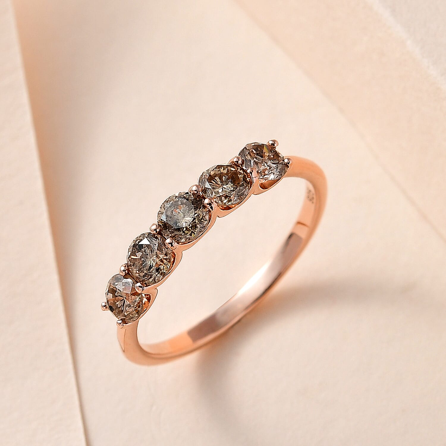 Close Out Deal- Natural Champagne 5 Diamond  Ring in 18K Gold Vermeil Plated Sterling Silver 1.00 Ct