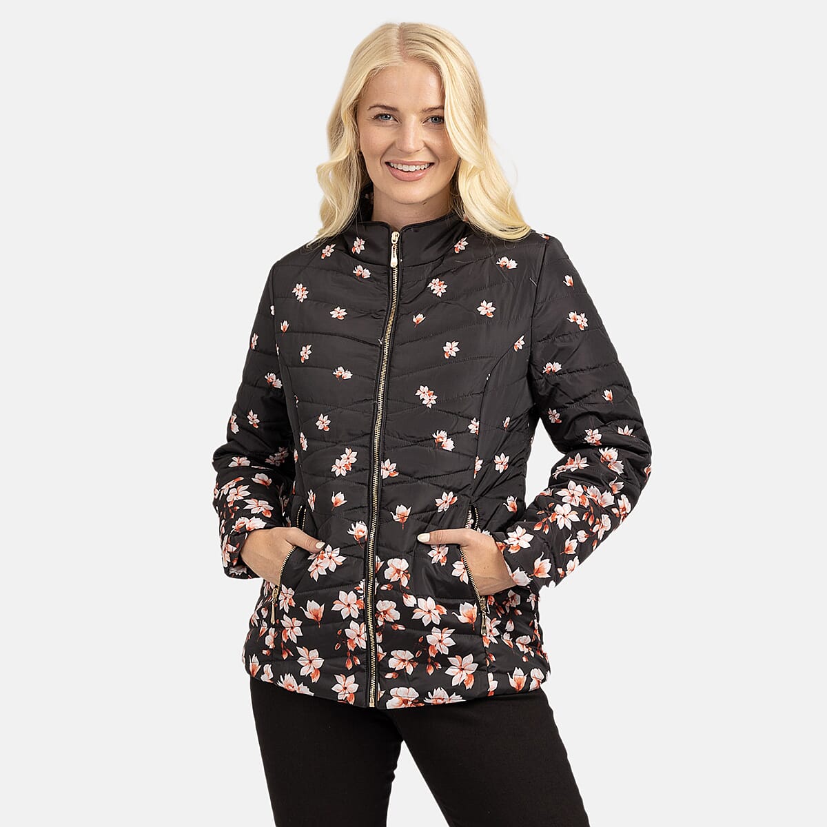 Mudflower Floral Quilted Jacket (Size 10) - Black & Orange