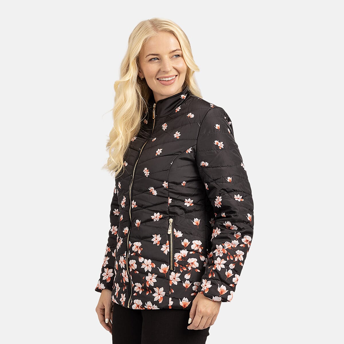 Mudflower Floral Quilted Jacket (Size 10) - Black & Orange