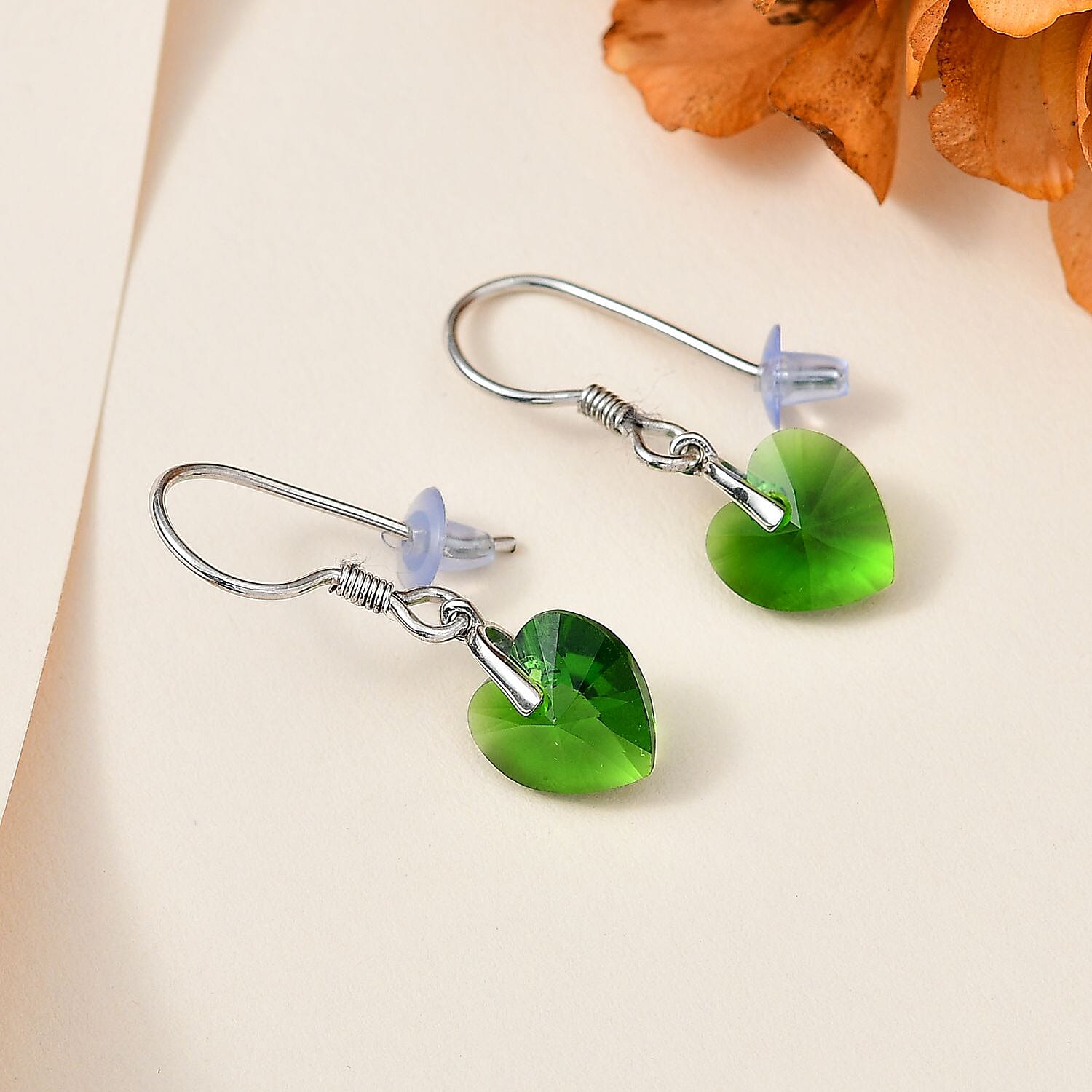 Fern Green Austrian Crystal Heart Earrings in Platinum Overlay Sterling Silver