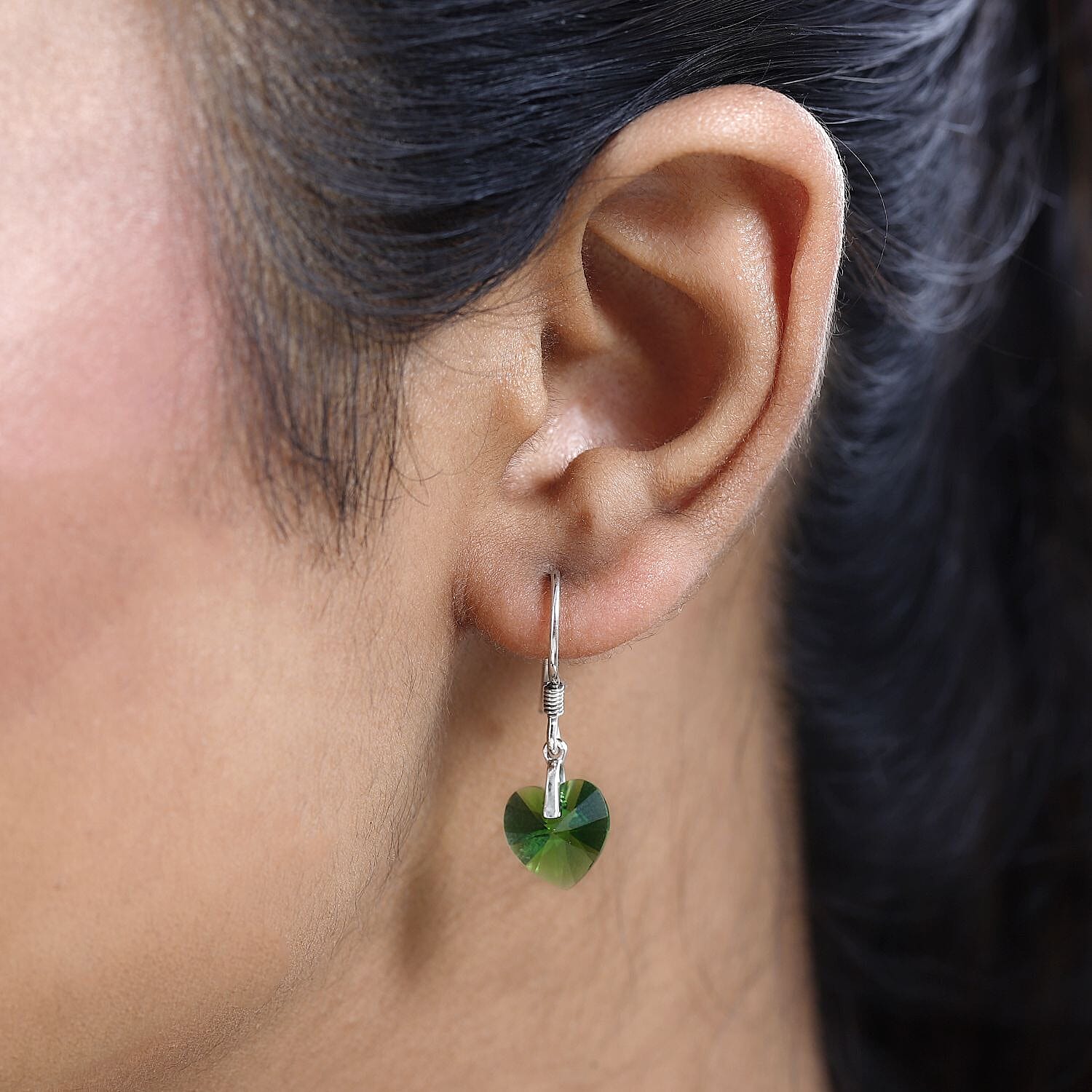 Fern Green Austrian Crystal Heart Earrings in Platinum Overlay Sterling Silver