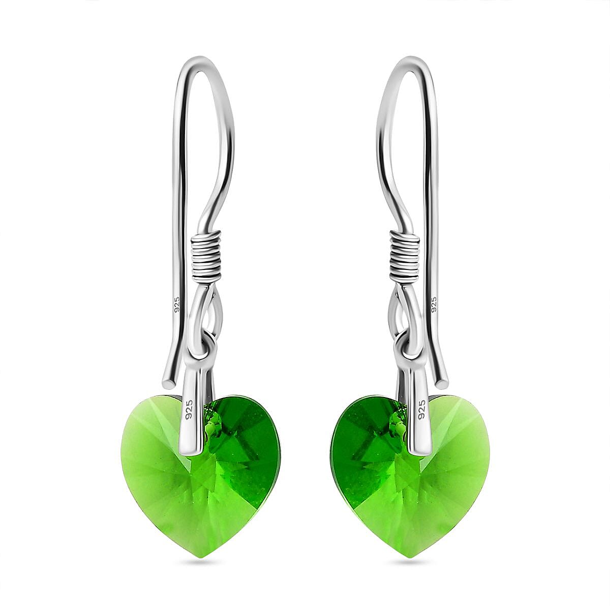 Fern Green Austrian Crystal Heart Earrings in Platinum Overlay Sterling Silver