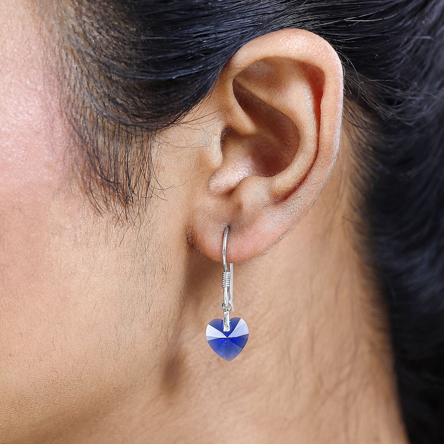 Majestic Blue Colour Austrian Crystal Heart Earrings in Platinum Overlay Sterling Silver