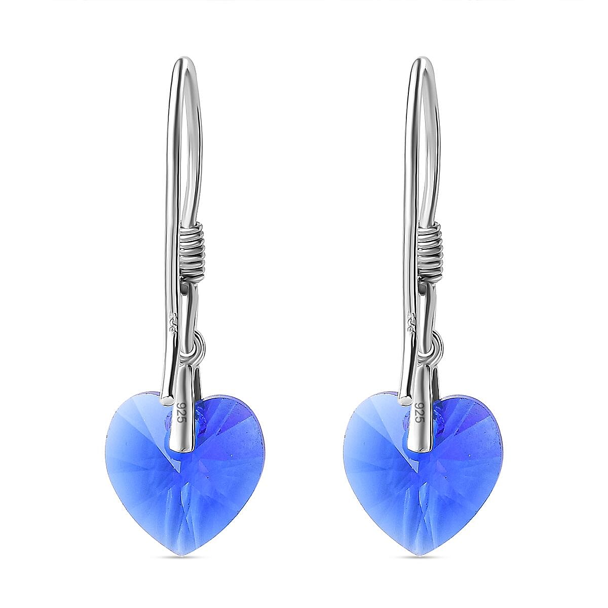 Majestic Blue Colour Austrian Crystal Heart Earrings in Platinum Overlay Sterling Silver