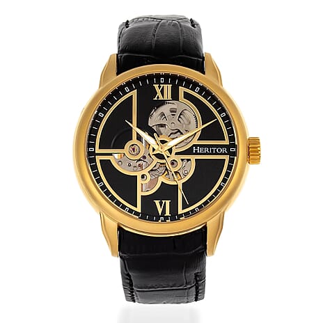 HERITOR Sanford Automatic Movt. 5ATM Water Resistant Black Dial Mens Watch with Black Colour Leather Strap and Gold-Tone Case