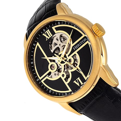 HERITOR Sanford Automatic Movt. 5ATM Water Resistant Black Dial Mens Watch with Black Colour Leather Strap and Gold-Tone Case