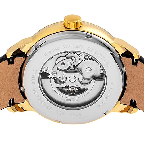 HERITOR Sanford Automatic Movt. 5ATM Water Resistant Black Dial Mens Watch with Black Colour Leather Strap and Gold-Tone Case