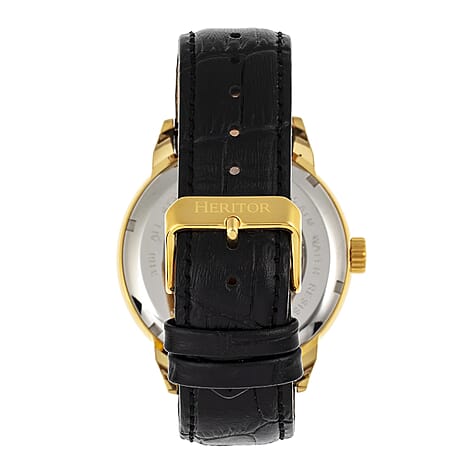 HERITOR Sanford Automatic Movt. 5ATM Water Resistant Black Dial Mens Watch with Black Colour Leather Strap and Gold-Tone Case