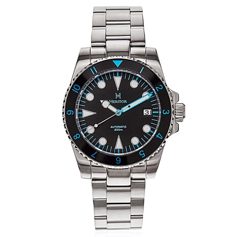 HERITOR Luciano Automatic Movt. 20ATM Water Resistant Black Dial Mens Watch with Silver Colour Stainless Steel Strap and Silver-Tone Case