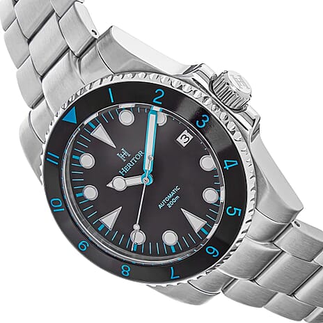 HERITOR Luciano Automatic Movt. 20ATM Water Resistant Black Dial Mens Watch with Silver Colour Stainless Steel Strap and Silver-Tone Case