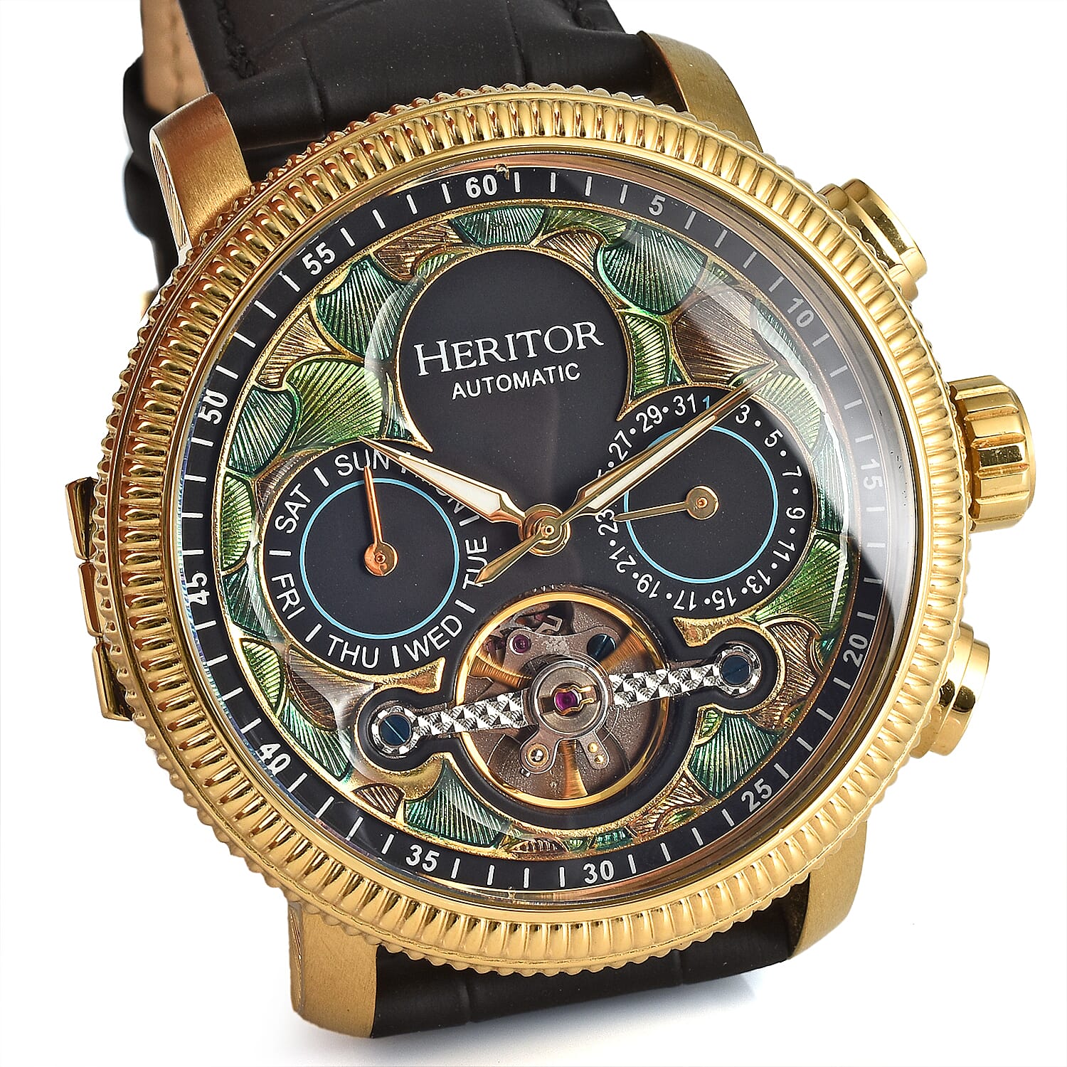 HERITOR Luciano Automatic Movt. 20ATM Water Resistant Green Dial Mens Watch with Silver Colour Stainless Steel Strap and Silver-Tone Case