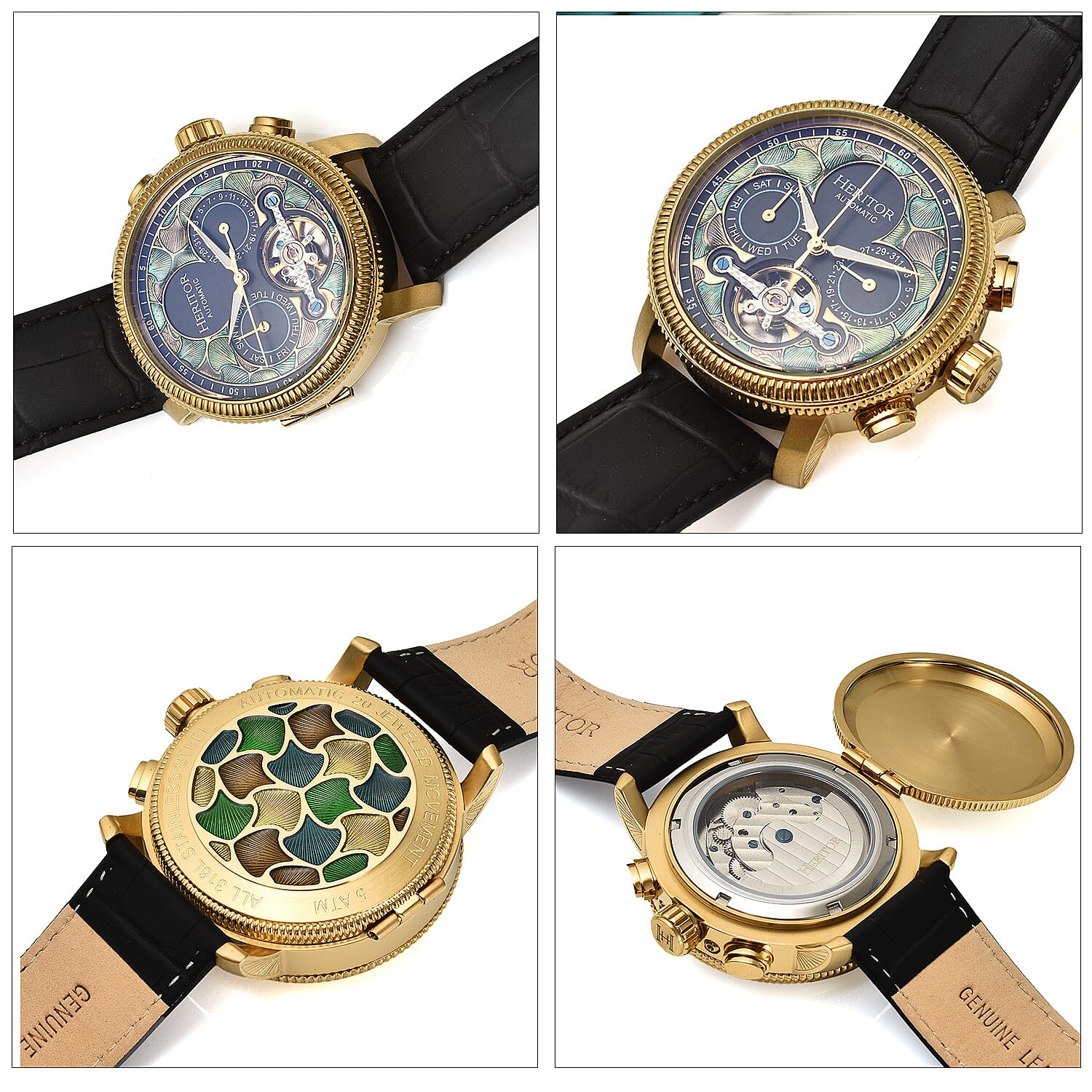 HERITOR Luciano Automatic Movt. 20ATM Water Resistant Green Dial Mens Watch with Silver Colour Stainless Steel Strap and Silver-Tone Case