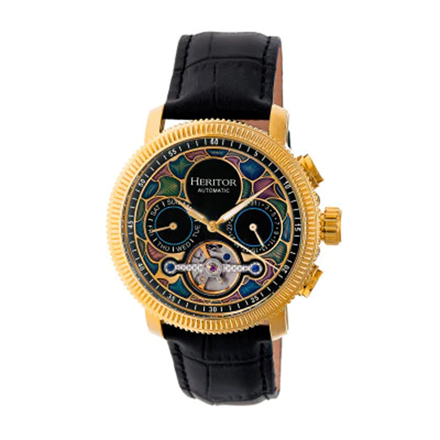 Aura Collection Heritor Automatic Movt. Gold Bezel 5 ATM Water Resistant Watch with Black Genuine Leather Strap