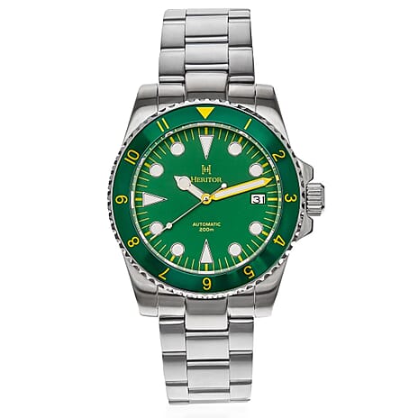 HERITOR Luciano Automatic Movt. 20ATM Water Resistant Green Dial Mens Watch with Silver Colour Stainless Steel Strap and Silver-Tone Case