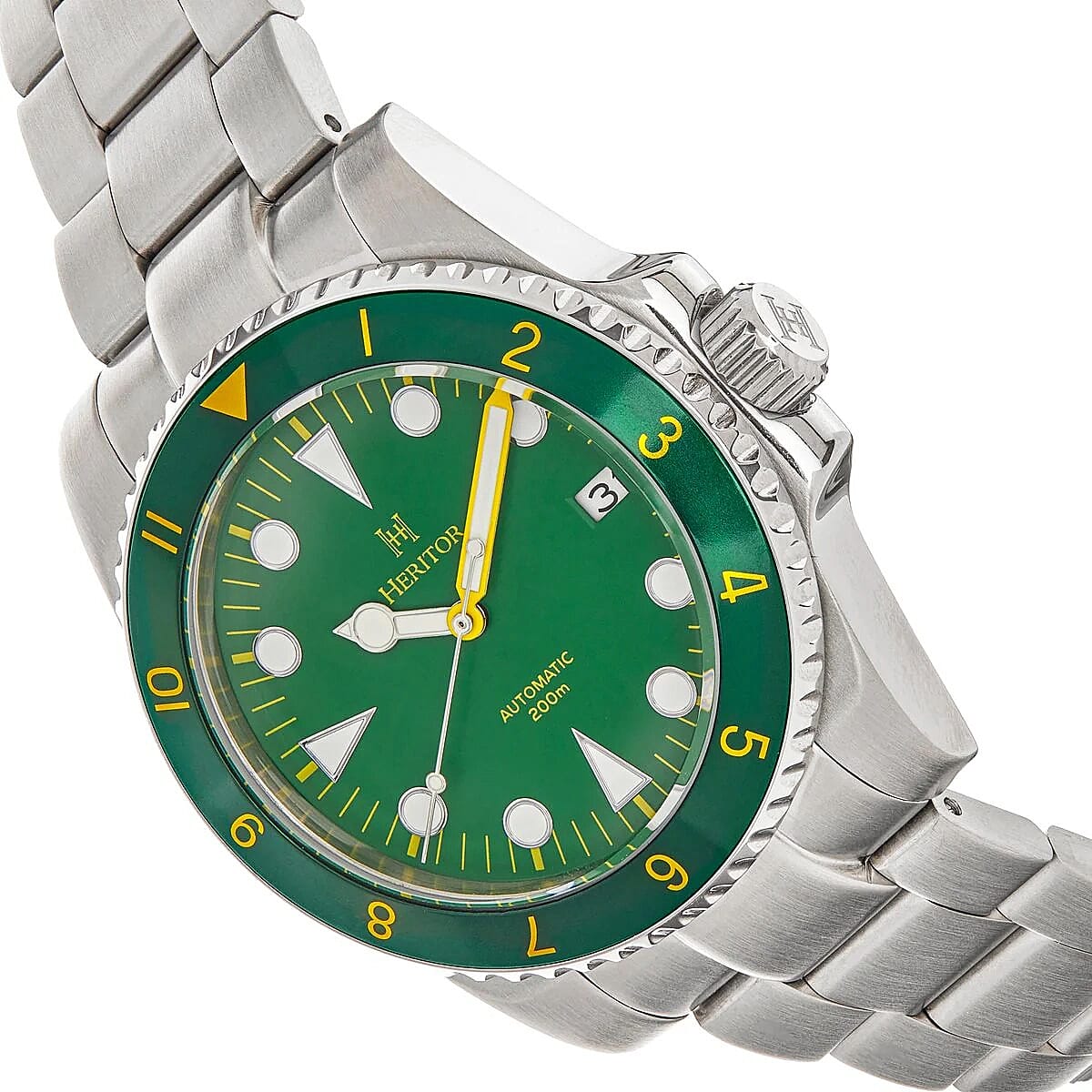HERITOR Luciano Automatic Movt. 20ATM Water Resistant Green Dial Mens Watch with Silver Colour Stainless Steel Strap and Silver-Tone Case