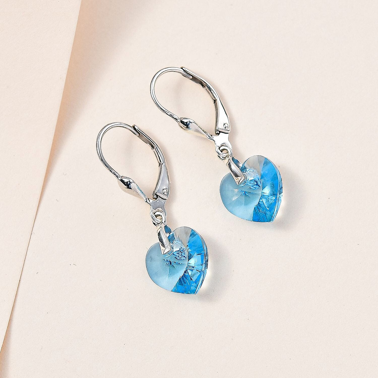 Aquamarine Austrian Crystal Solitaire Heart Earrings in Platinum Overlay Sterling Silver