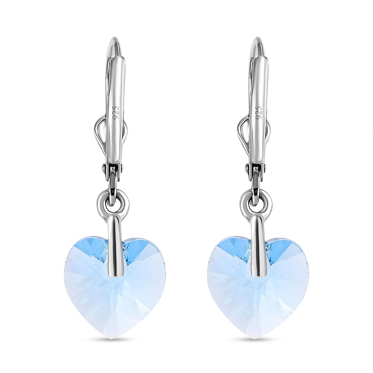 Aquamarine Austrian Crystal Solitaire Heart Earrings in Platinum Overlay Sterling Silver
