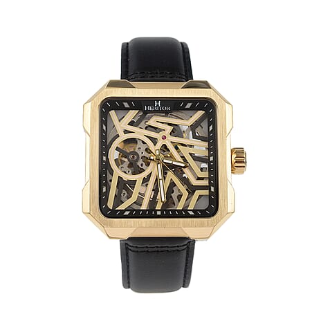 Campbell Collection Heritor Automatic Movement Gold Dial 10 ATM Water Resistant Watch with Black Genuine Leather Strap
