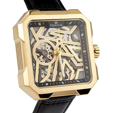 Campbell Collection Heritor Automatic Movement Gold Dial 10 ATM Water Resistant Watch with Black Genuine Leather Strap