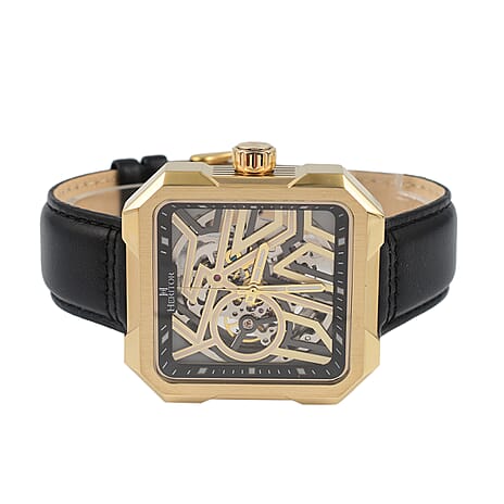 Campbell Collection Heritor Automatic Movement Gold Dial 10 ATM Water Resistant Watch with Black Genuine Leather Strap