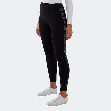 Nova of London - Fleece Lined Leggings With Side Geometric Diamante Pattern (Size S) - Black
