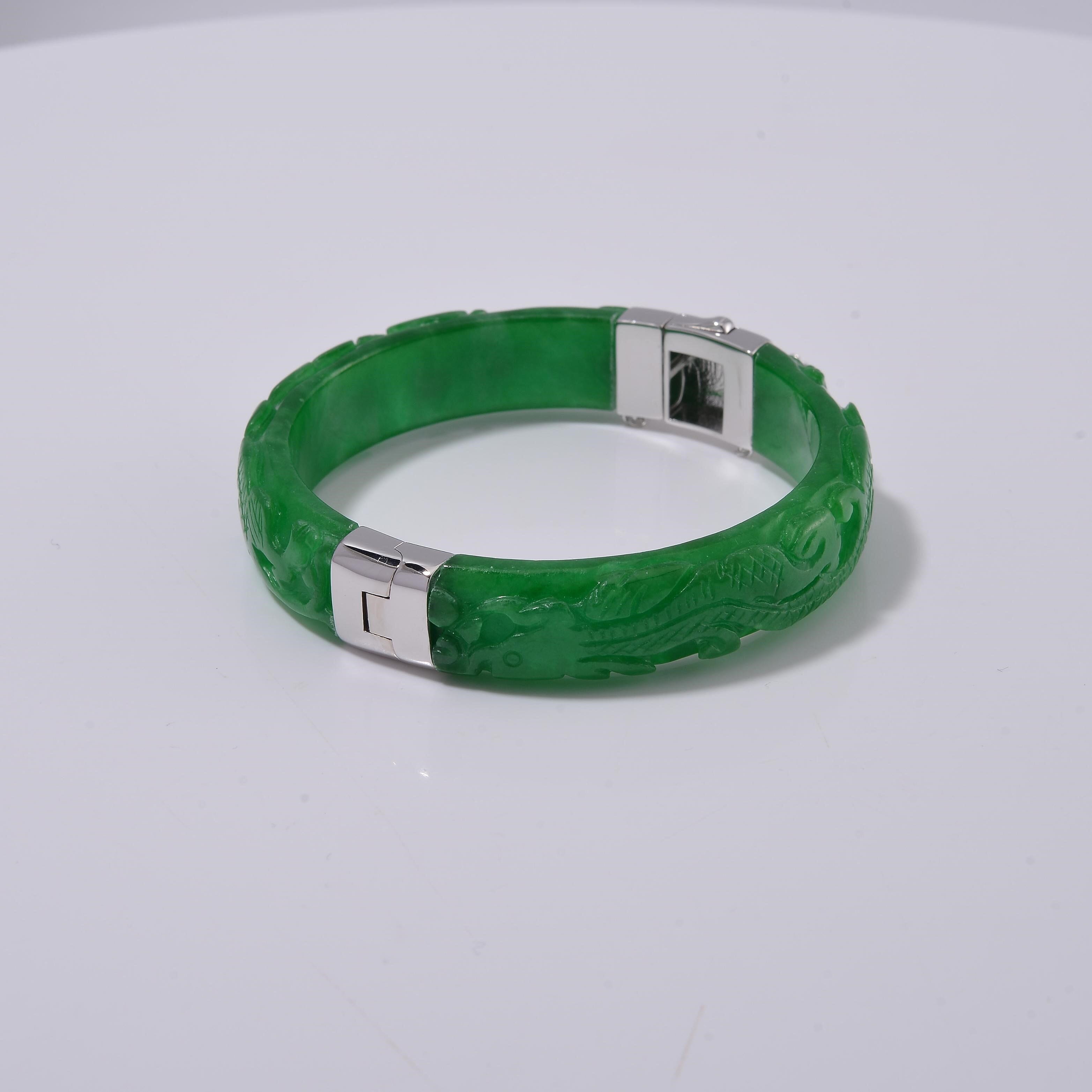 Hand Carved Green Jade Dragon Bangle in Rhodium Overlay Sterling Silver 270.00 ct