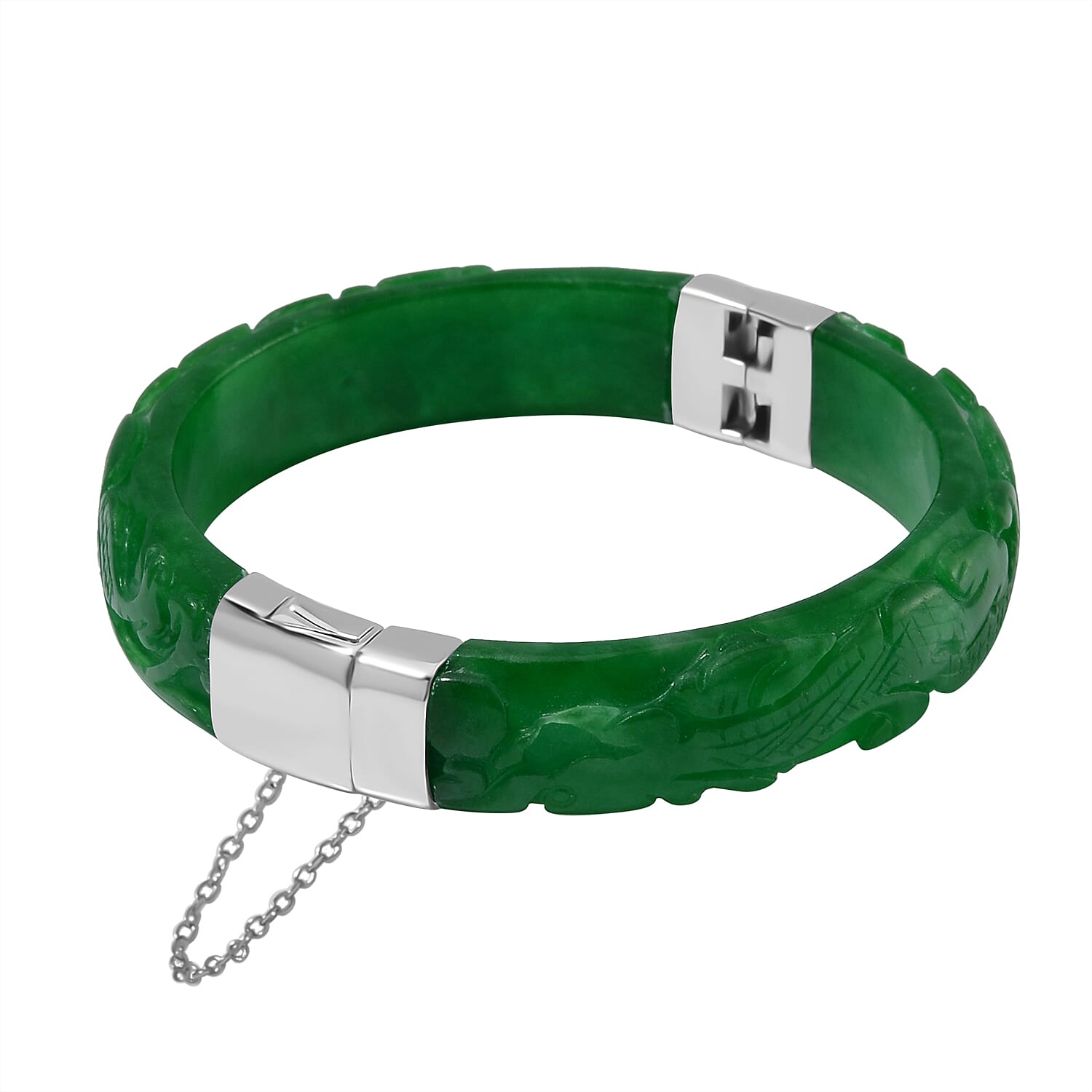 Hand Carved Green Jade Dragon Bangle in Rhodium Overlay Sterling Silver 270.00 ct