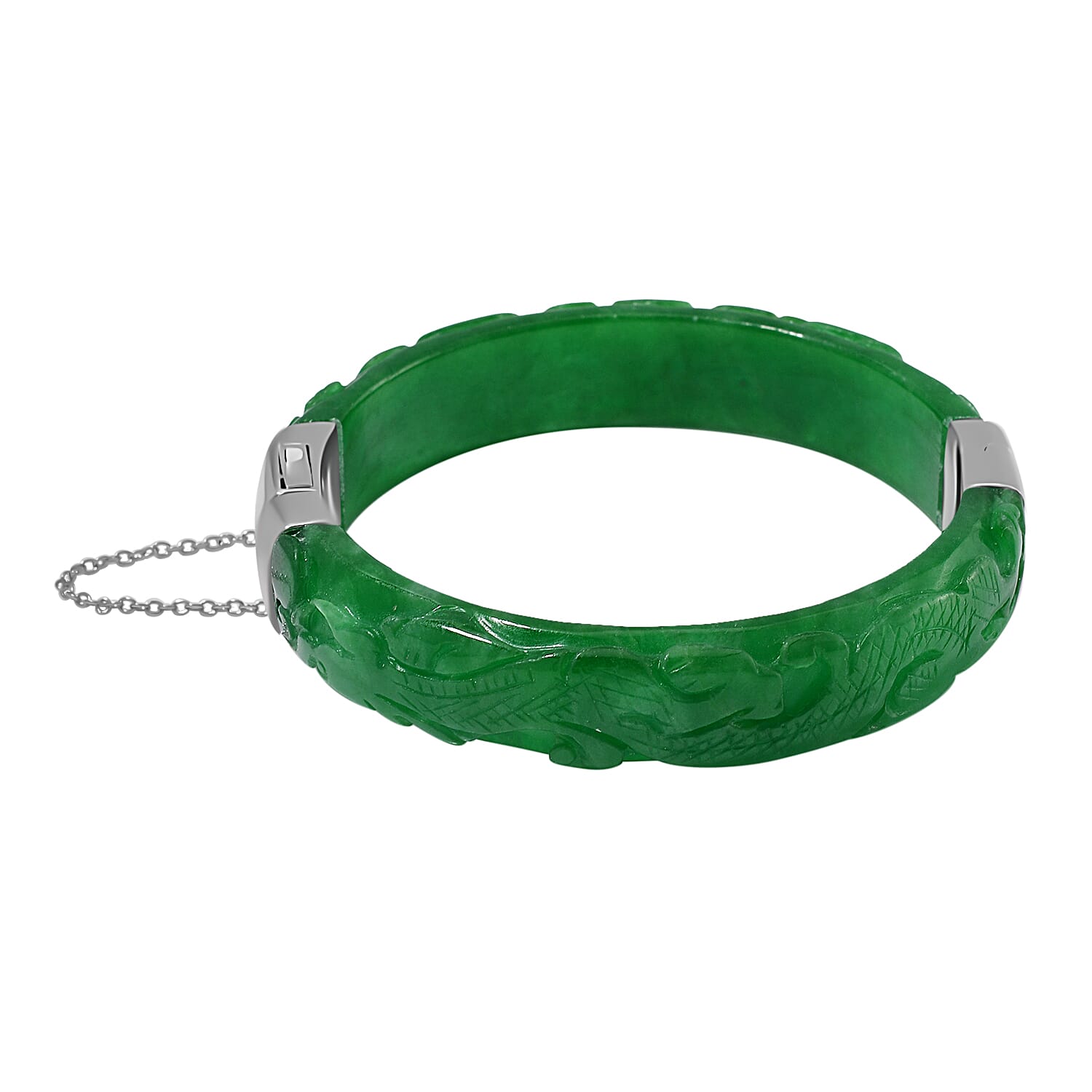 Hand Carved Green Jade Dragon Bangle in Rhodium Overlay Sterling Silver 270.00 ct