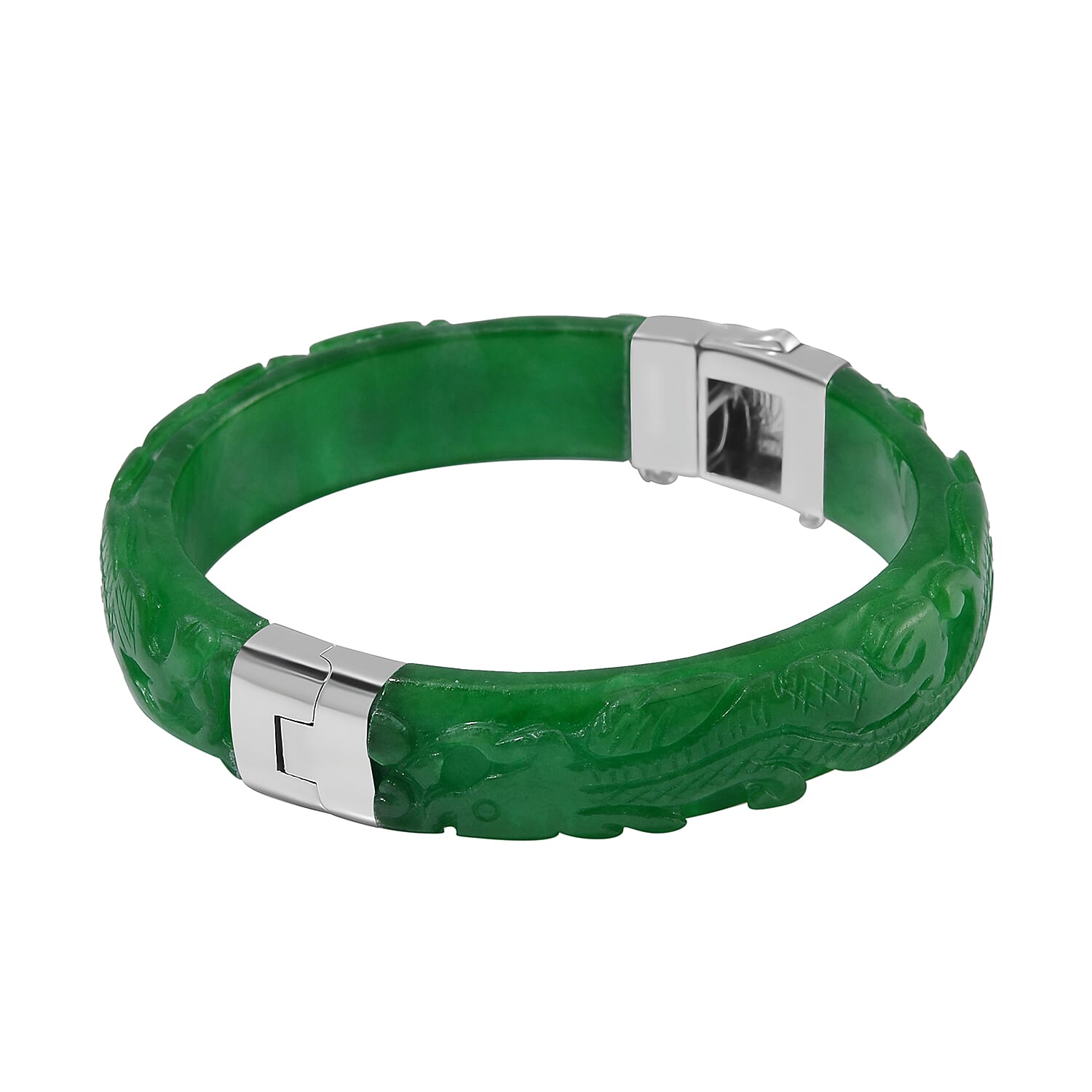 Hand Carved Green Jade Dragon Bangle in Rhodium Overlay Sterling Silver 270.00 ct