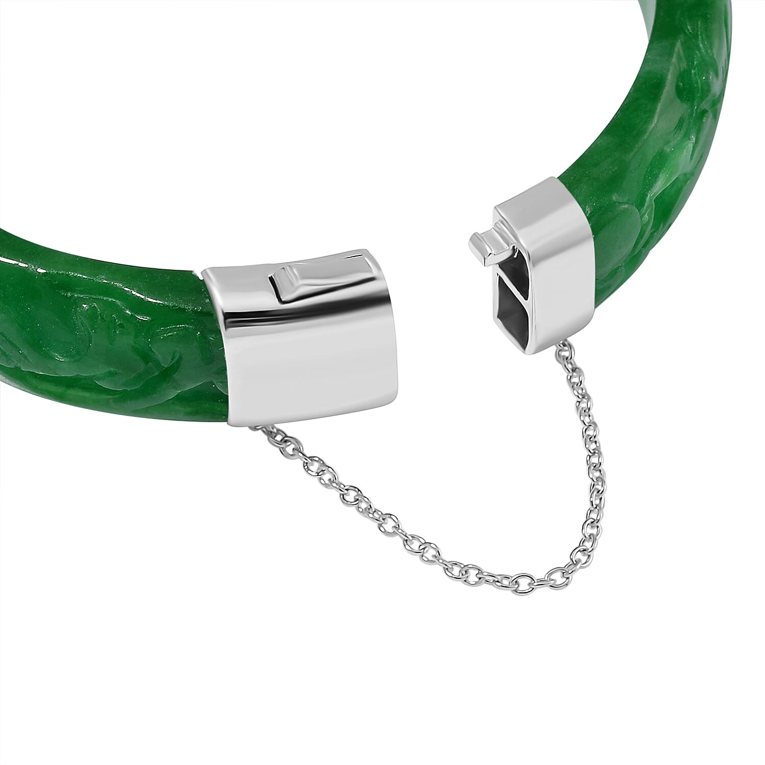 Hand Carved Green Jade Dragon Bangle in Rhodium Overlay Sterling Silver 270.00 ct