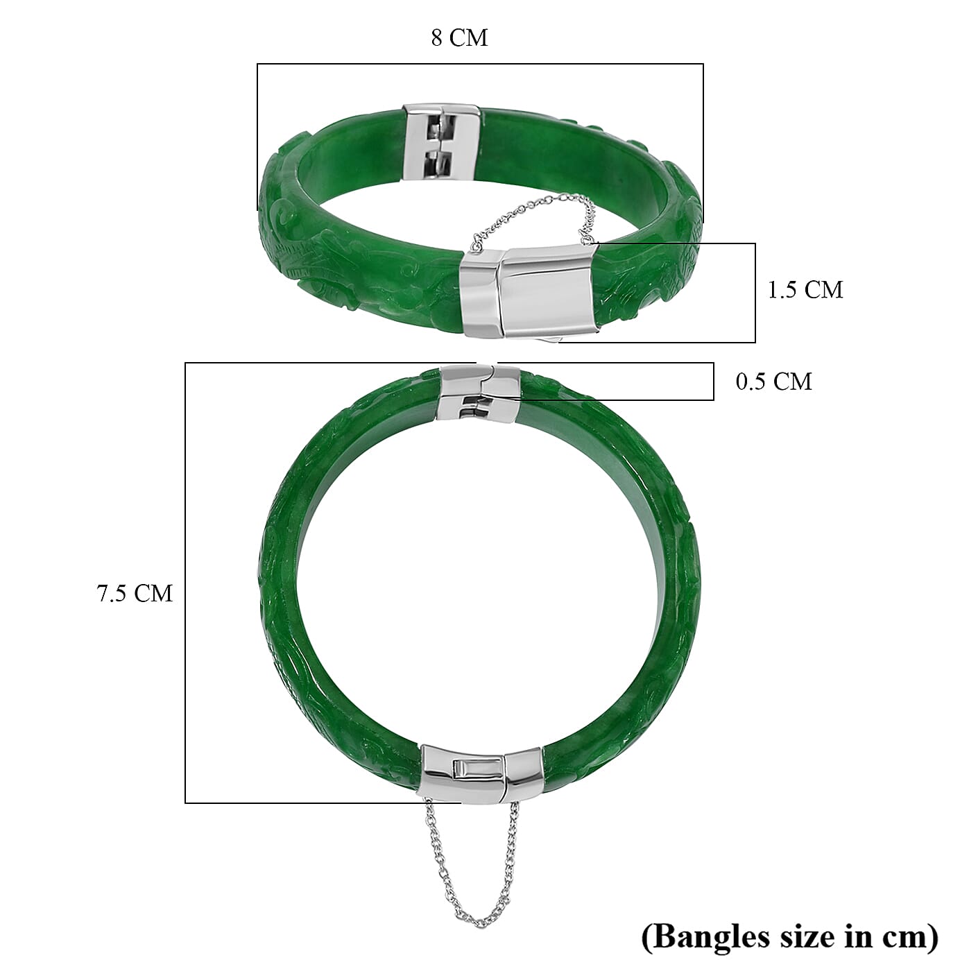 Hand Carved Green Jade Dragon Bangle in Rhodium Overlay Sterling Silver 270.00 ct