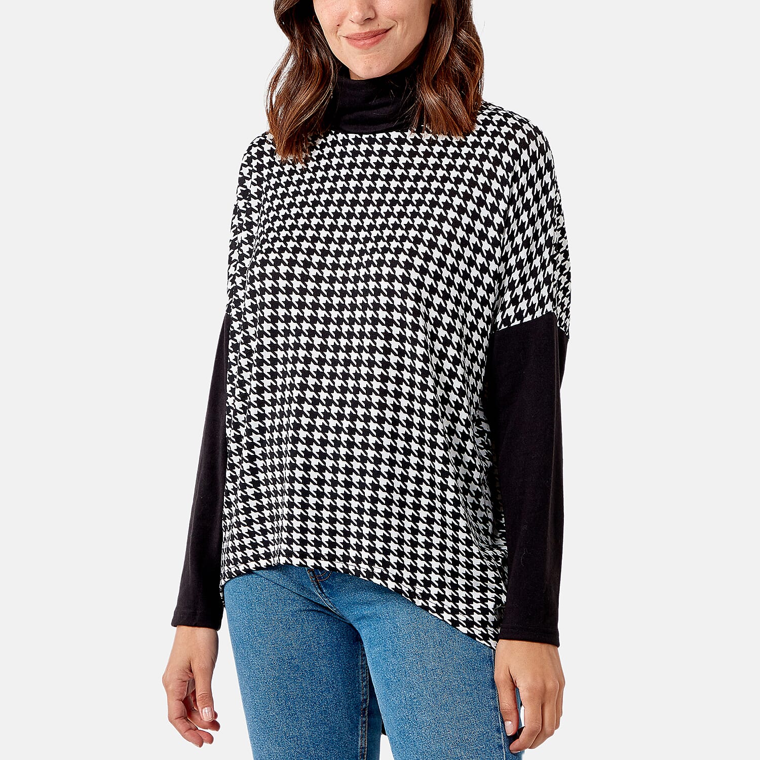 Nova Of Londn - Houndstooth Printed Roll Neck Jumper (Size S-M) - Black & Ivory Size 8-12