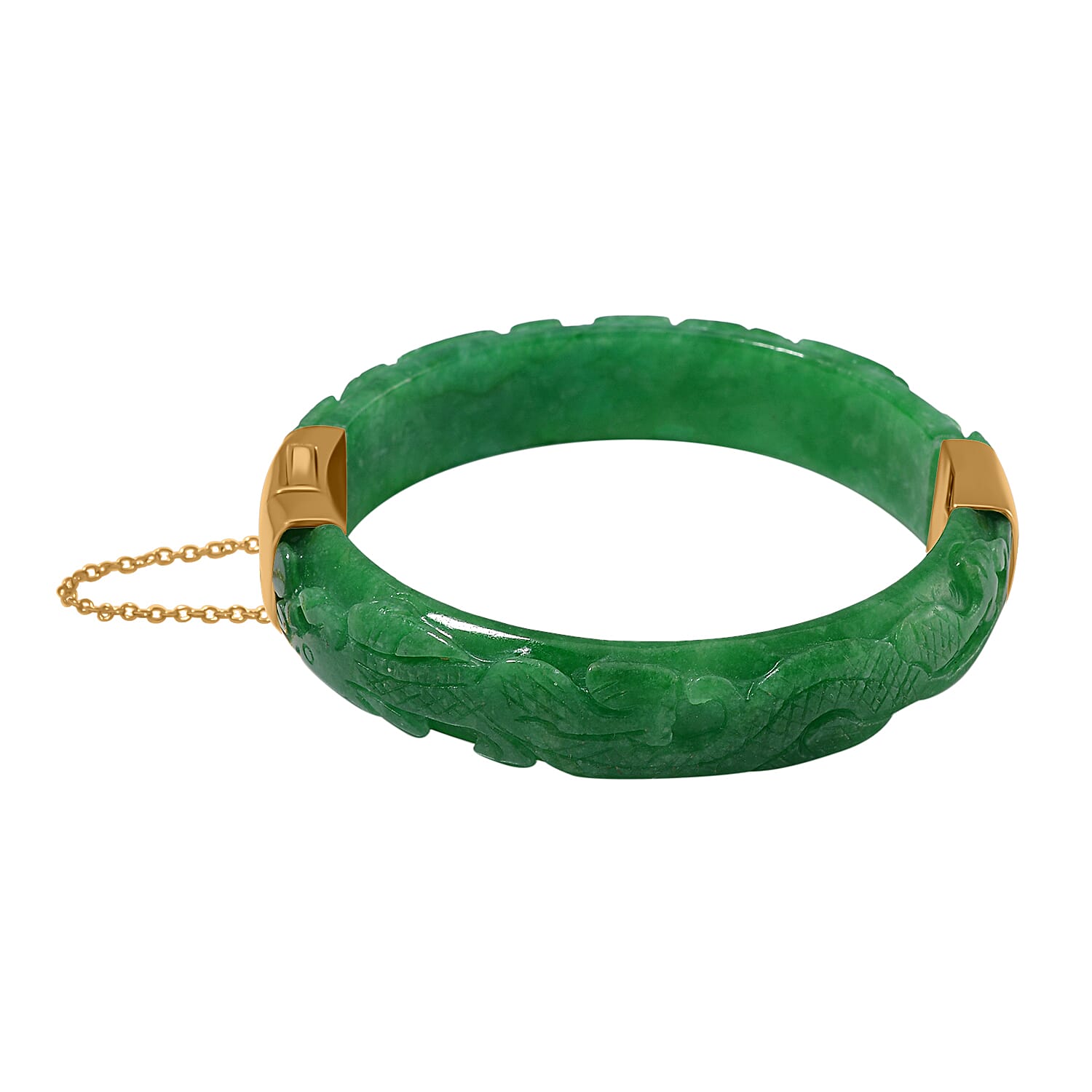 Hand Carved Green Jade Dragon Bangle in 18k Yellow Gold Vermeil Sterling Silver 270.00 ct