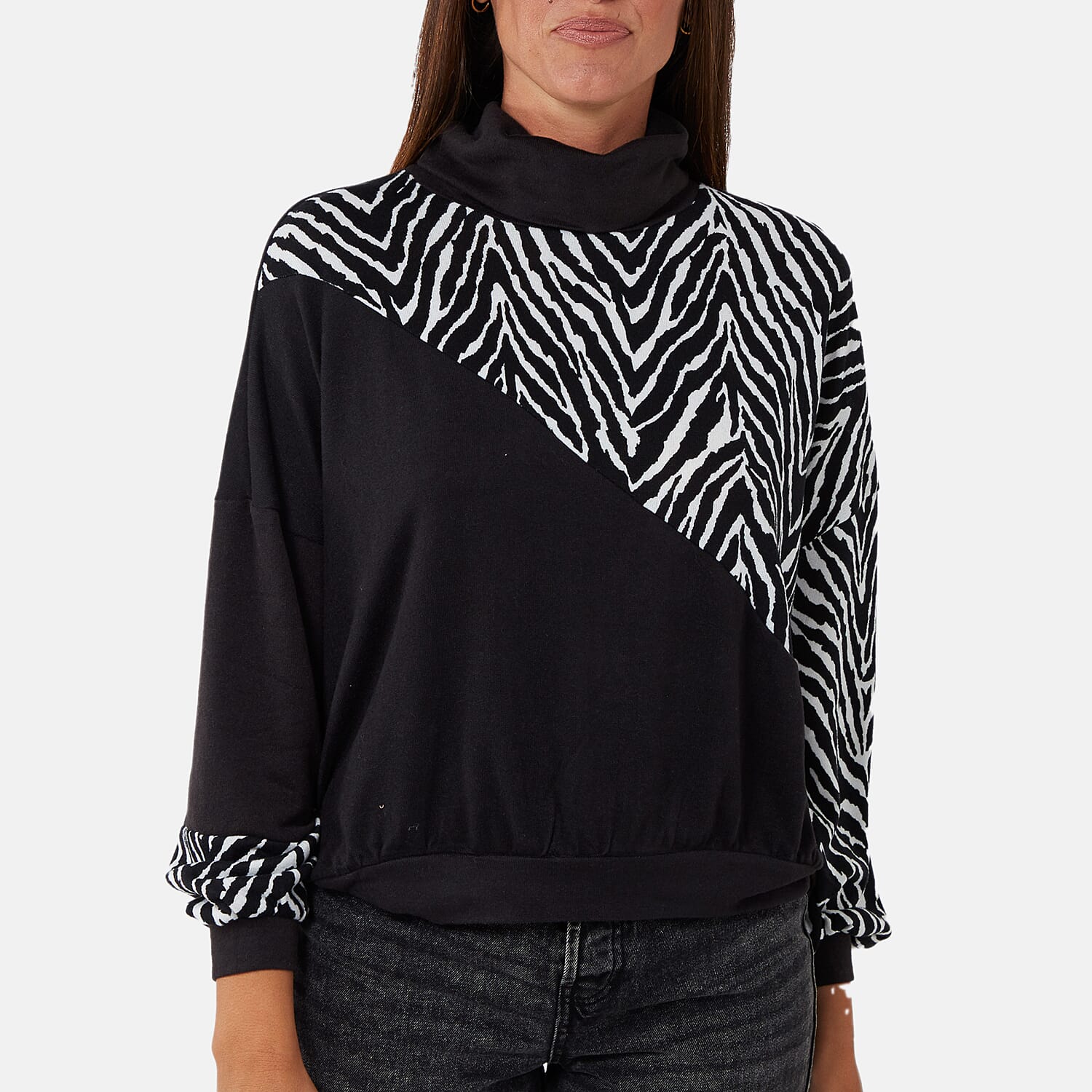 Zebra Pattern Roll Neck Jumper (Size 14 to 16) - Black