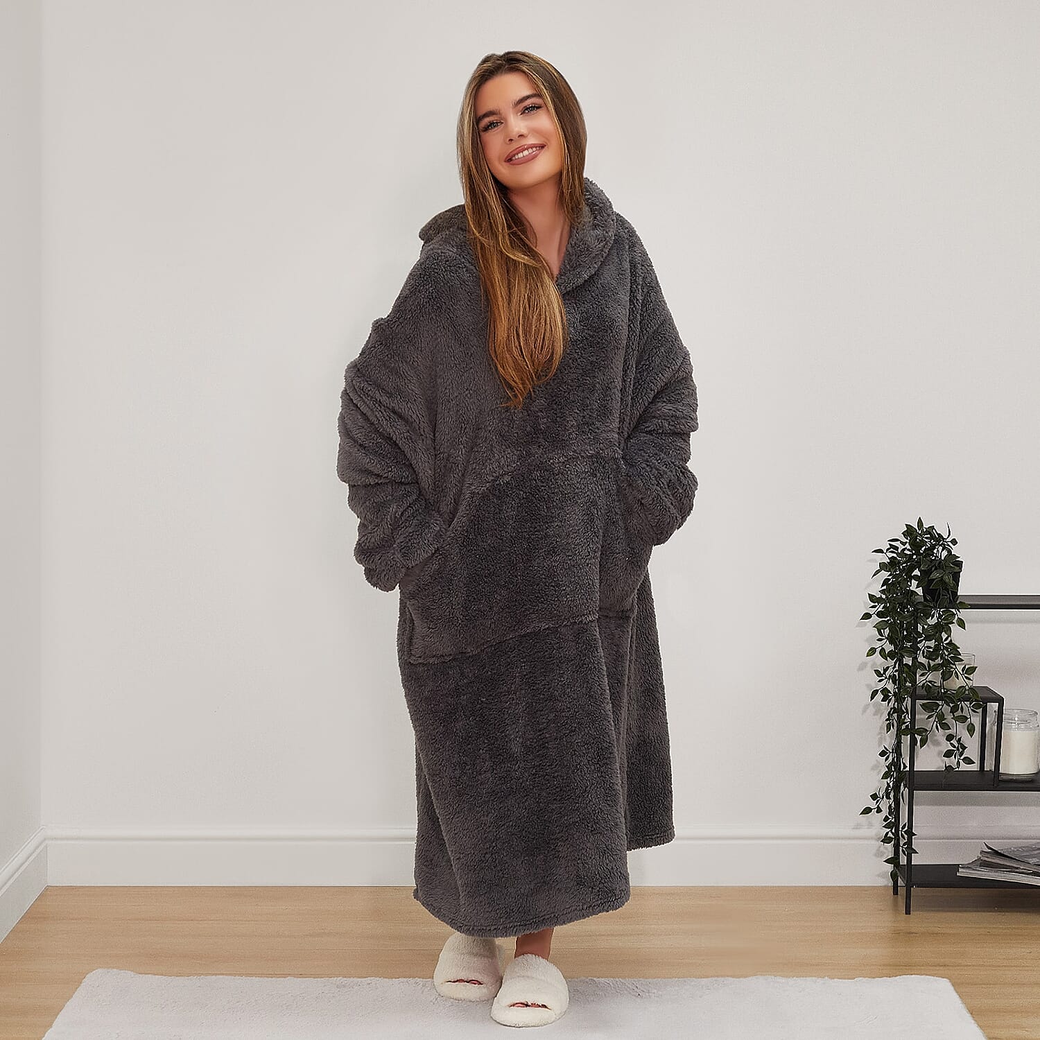 Winter Essential - Extra Long Very Soft Tie Die Hoodie Blanket (One Size 8-20)- Charcoal