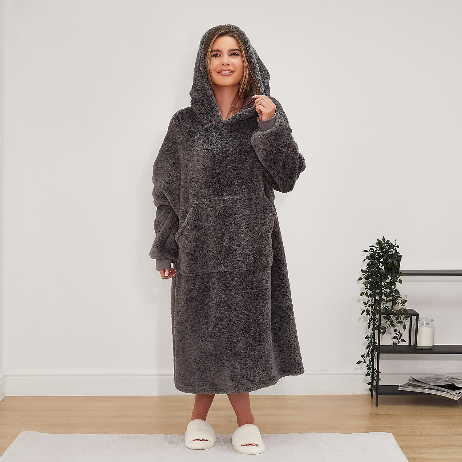 Winter Essential - Extra Long Very Soft Tie Die Hoodie Blanket (One Size 8-20)- Charcoal