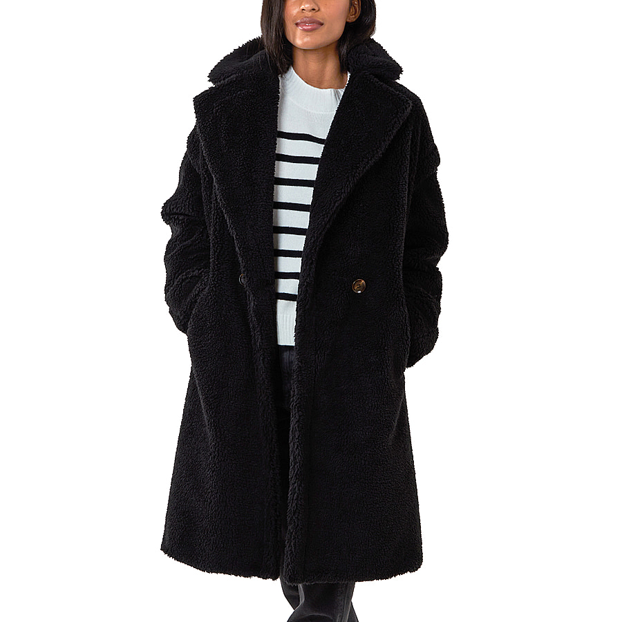 Drop Shoulder Oversized Teddy Bear Coat (Size 8) - Black