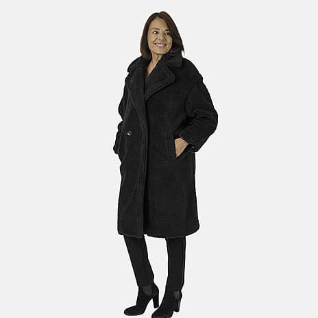 Drop Shoulder Teddy Bear Coat (Size 12) - Black