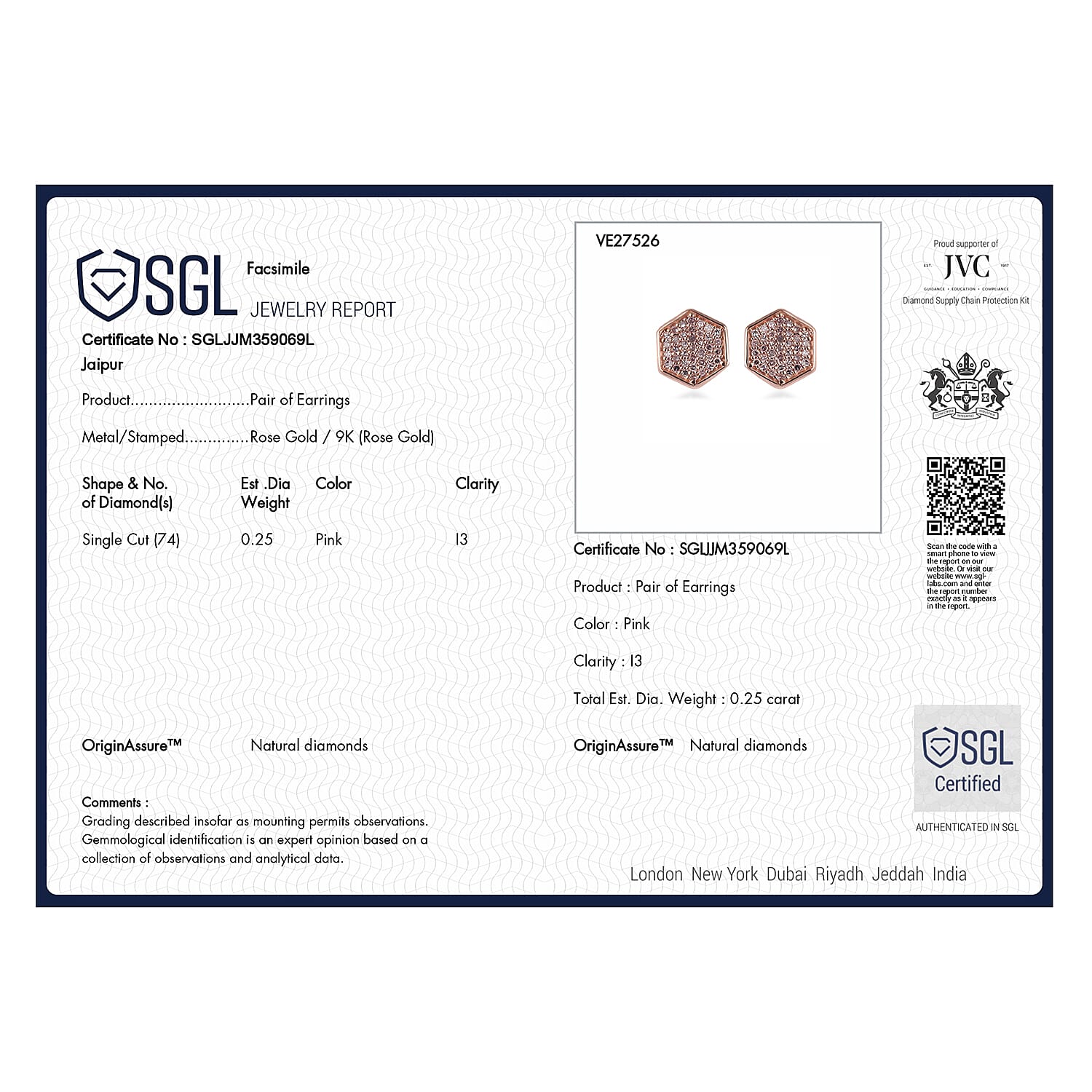 9K Rose Gold SGL Certified Pink Diamond Stud Earrings 0.25 Ct