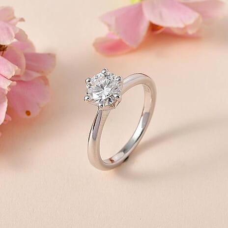 Moissanite  Solitaire Ring in Platinum Overlay Sterling Silver 1.15 Ct