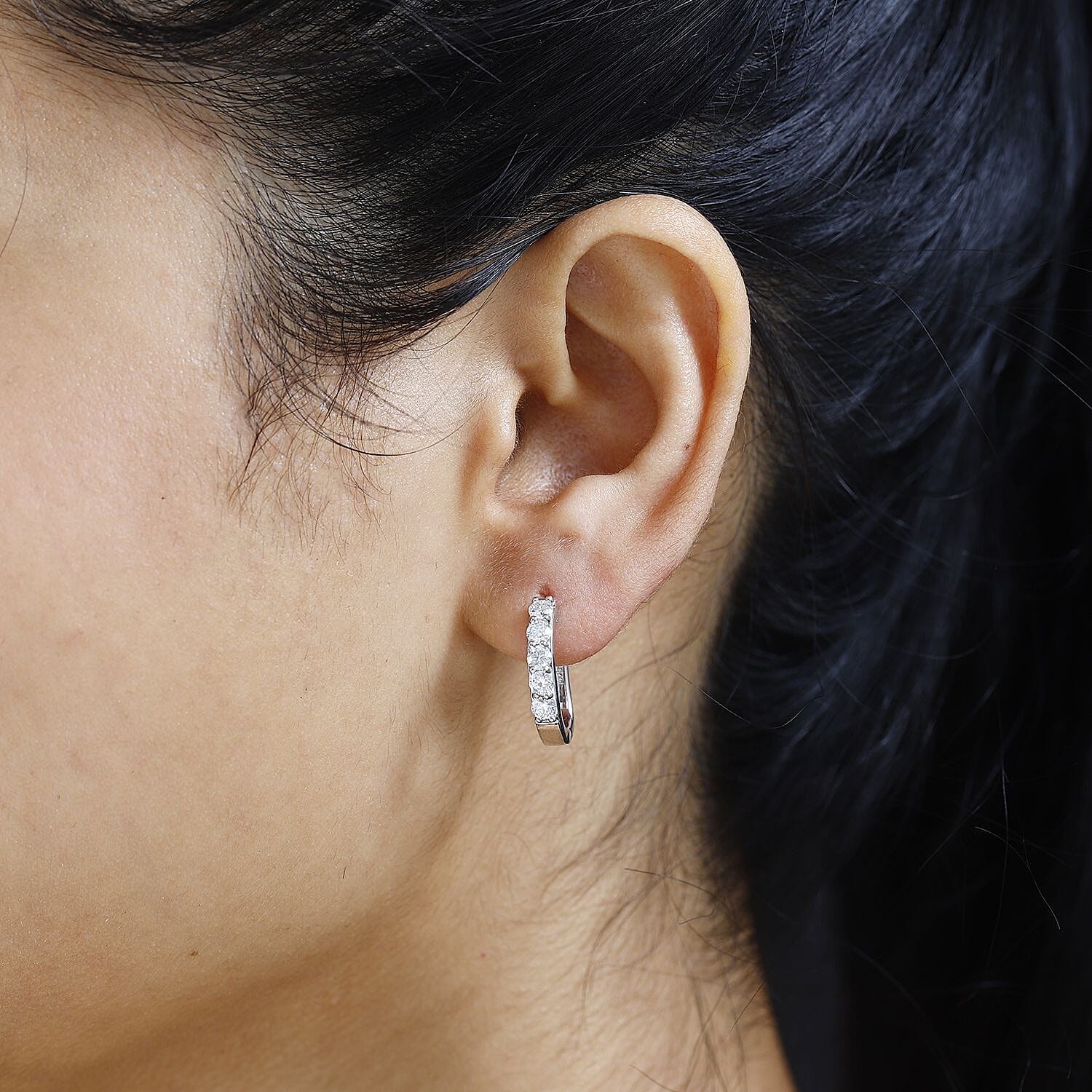 GRA Certified - Moissanite J Hoop Earrings in Platinum Overlay Sterling Silver 1.00 Ct.