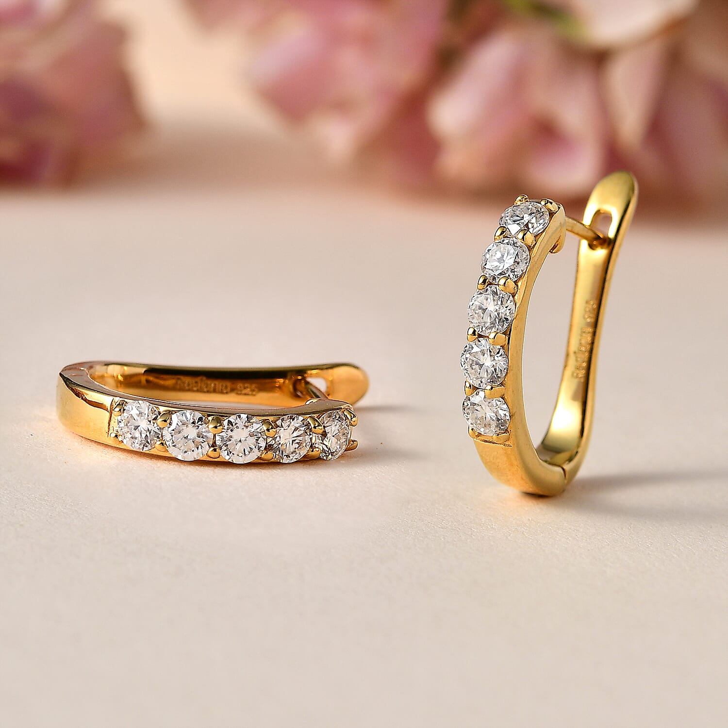 Moissanite J Hoop Earrings in 18K Vermeil Yellow Gold Plated Sterling Silver 1.00 Ct.