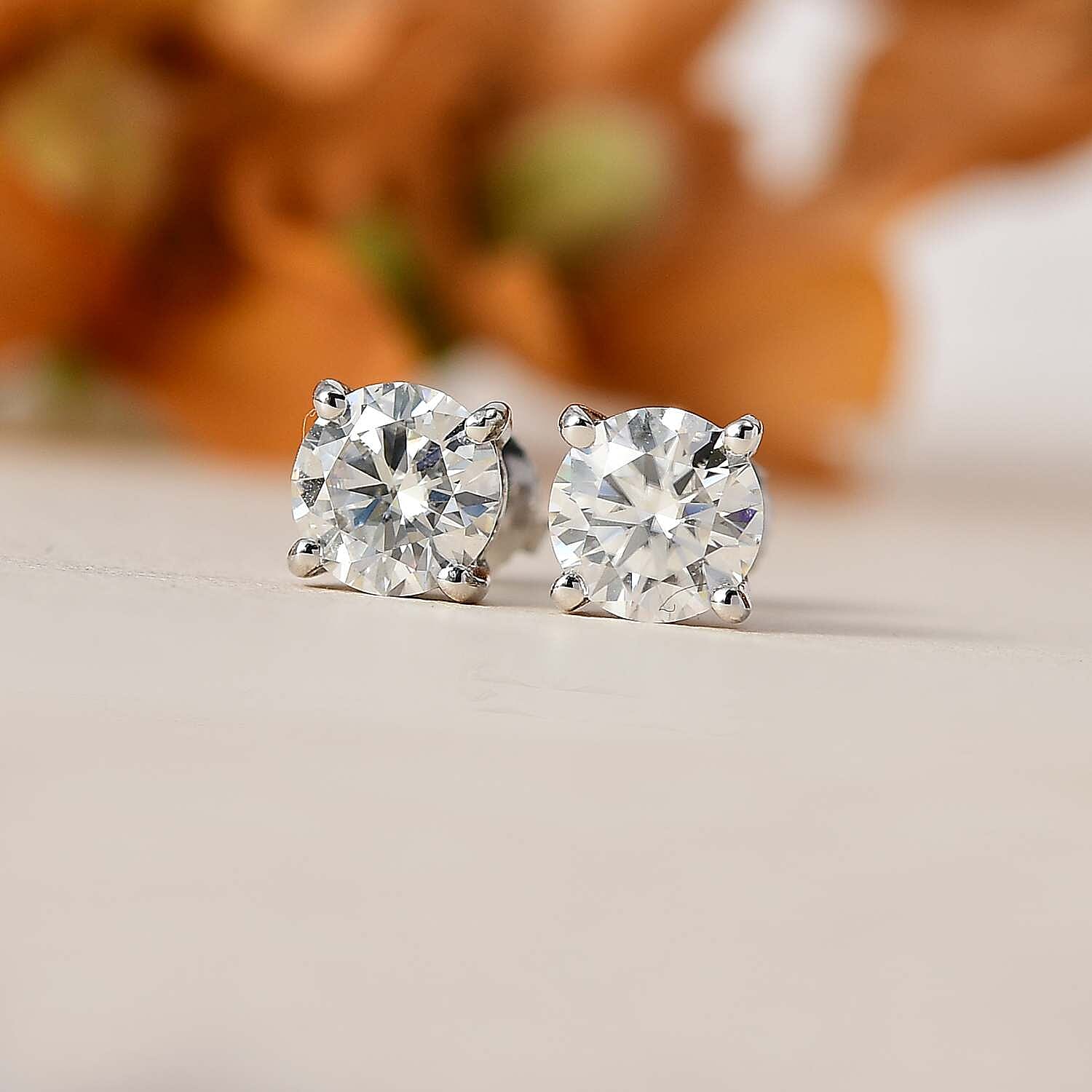 Moissanite  Solitaire Stud Push Post Earring in Platinum Overlay Sterling Silver 2.40 ct  1.144  Ct.