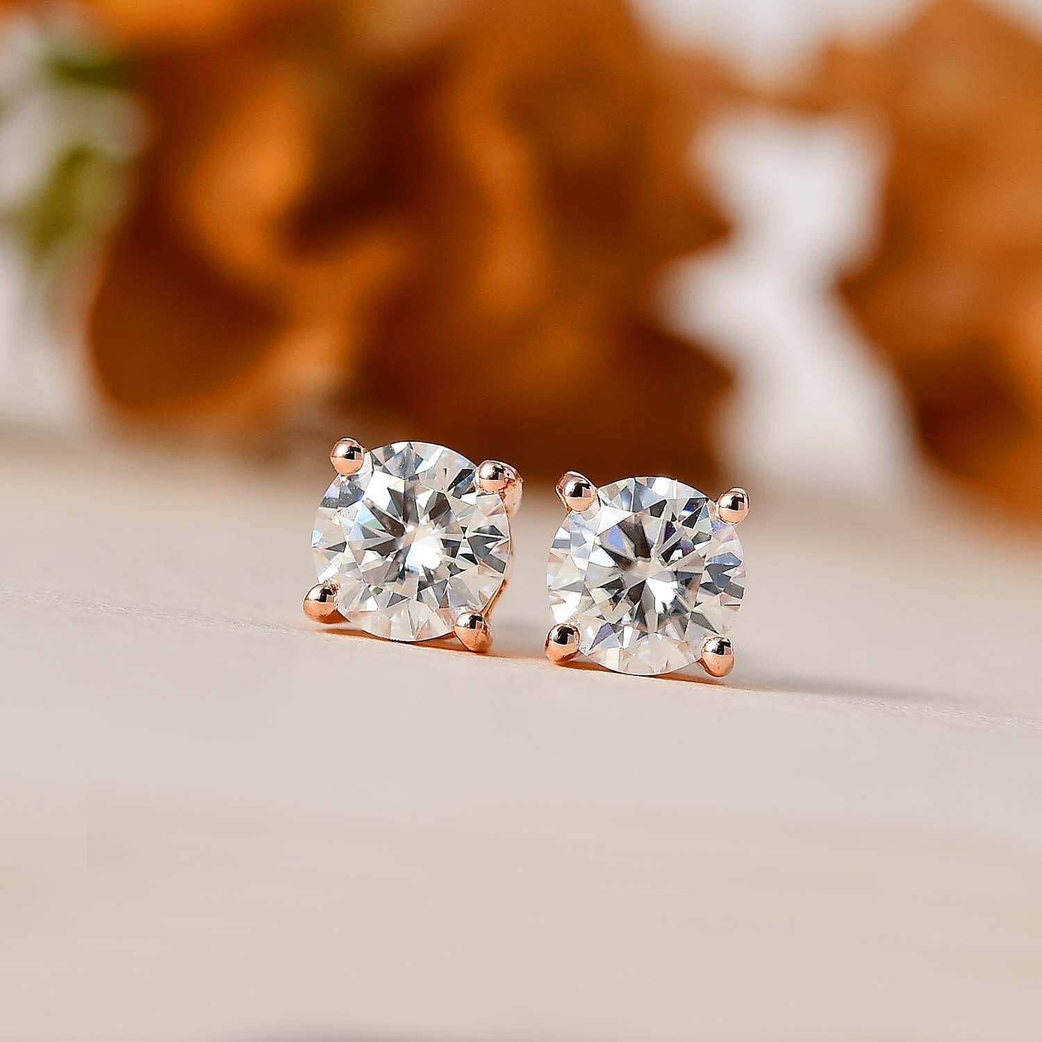 Moissanite Solitaire Stud Earrings in 18K Vermeil RG Plated Sterling Silver 1.44 Ct