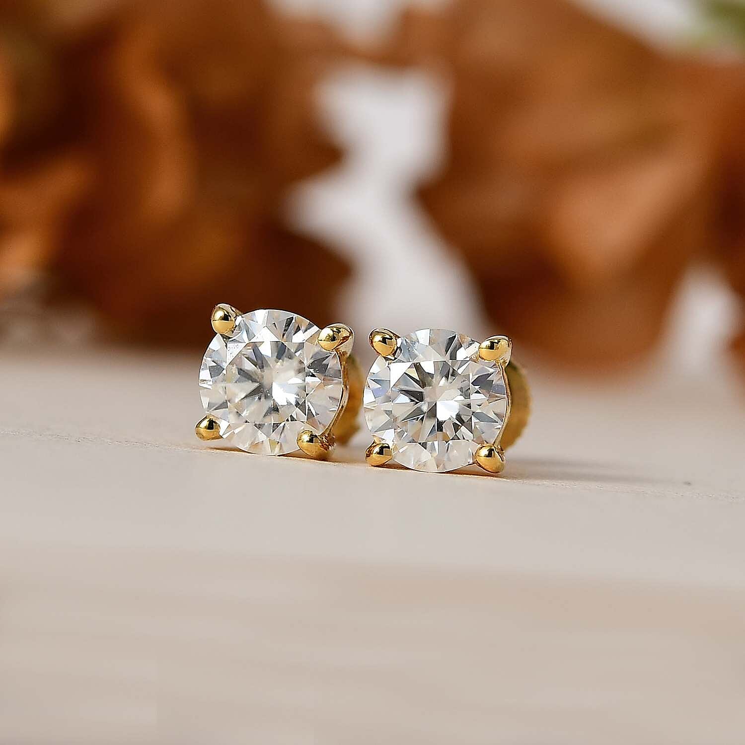 Moissanite Solitaire Stud Earrings in 18K Vermeil Yellow Gold Plated Sterling Silver 1.14 Ct.